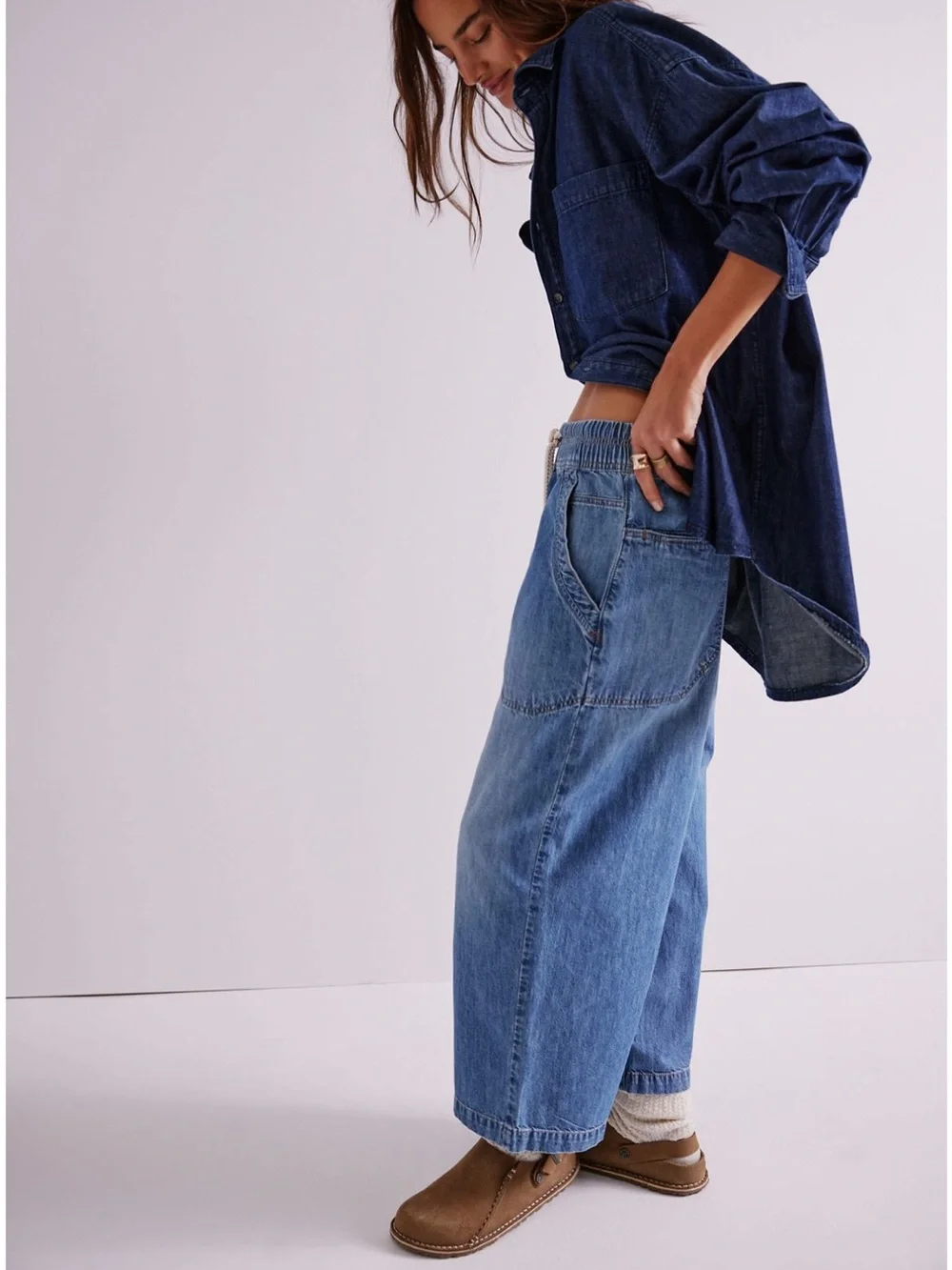 Free People Medium & Dark Blue Denim Wide-Leg Drawstring Jeans